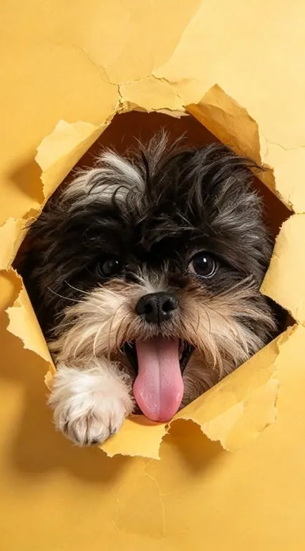 Shih-tzu preto e branco com as patinhas no papel amarelo rasgado